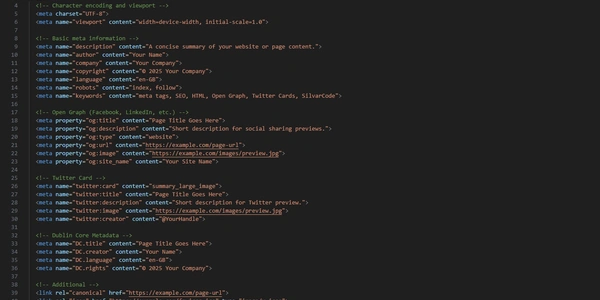 An example of well-structured HTML meta tags for SEO, social sharing, and content metadata.